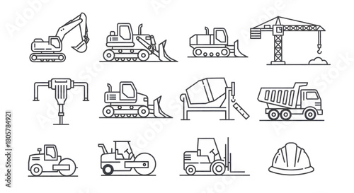 Comprehensive set of outline icons depicting heavy construction machinery and industrial equipment