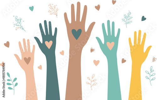 Diverse hands united with love and compassion create a vibrant and inclusive community, perfect for showcasing unity, support, and positive change initiatives