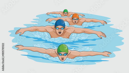 Swimming race lead swimmer gliding through water, showcasing competitive focus, determination, athletic performance, and dynamic aquatic vector design for sports projects.