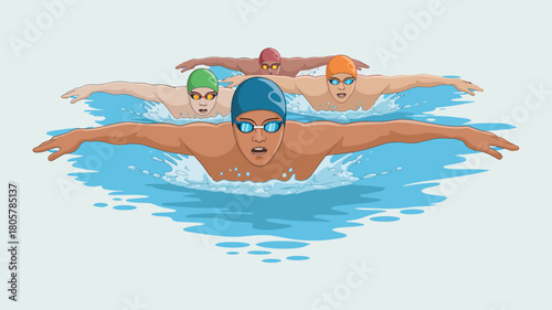 Swimming competition  lead swimmer cutting through water, depicting motion, determination, focus, and athletic intensity suitable for sports and aquatic illustrations.