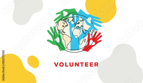 Celebrate National Volunteer Month in April with vibrant hands and a world illustration, perfect for promoting community involvement and global awareness
