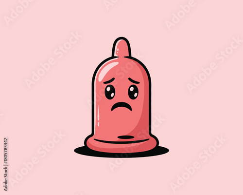 Sad condom character with big eyes on pink background
