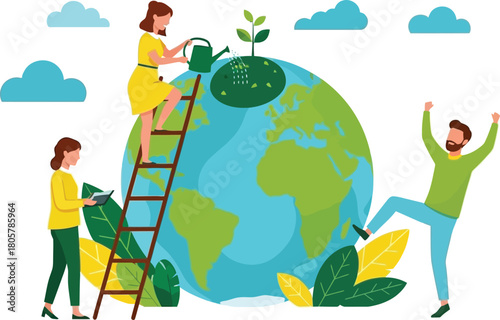 Team nurturing new growth on Earth, collaborative efforts for a sustainable future, celebrating environmental success and global teamwork, vibrant and uplifting