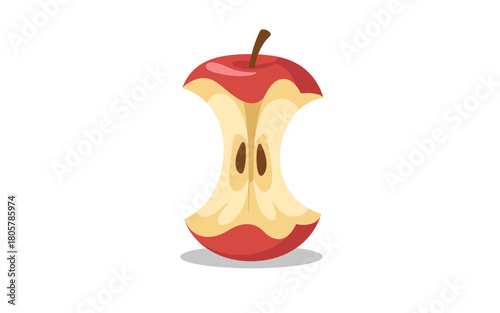 A red apple core standing upright on a white background