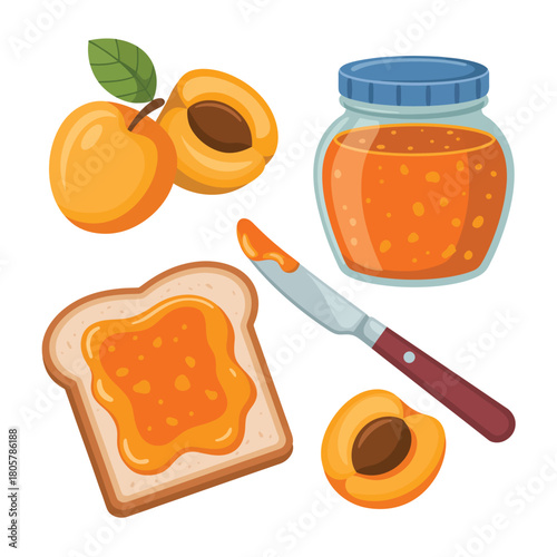 Delicious apricot jam spread on toast with fresh fruit and jar