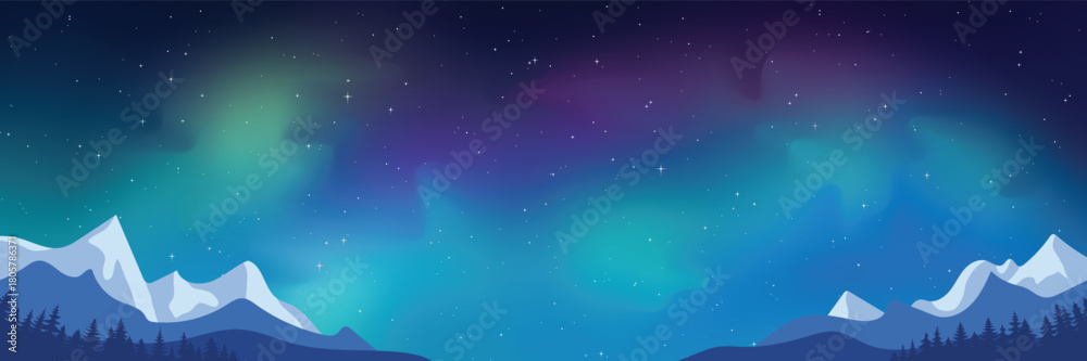 Naklejka premium Winter landscape with aurora borealis, night starry sky, mountain landscape, vector illustration