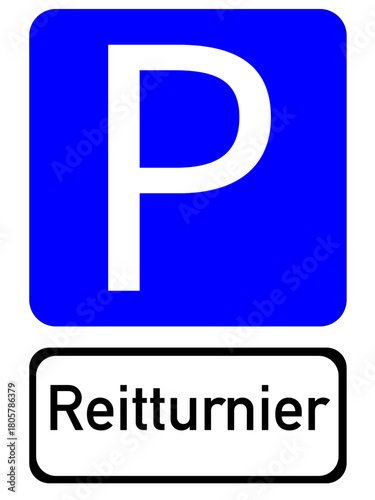 Illustration of a blue parking sign with the inscription "Reitturnier"