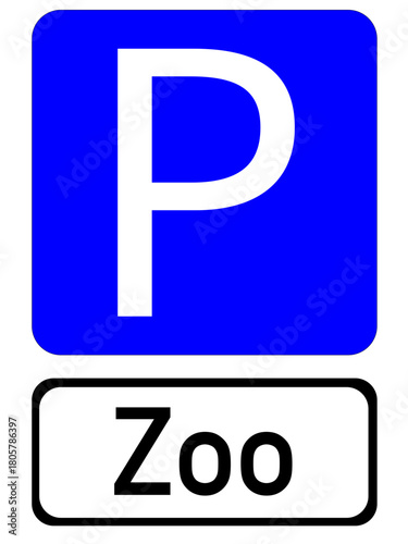 Illustration of a blue parking sign with the inscription "Zoo"