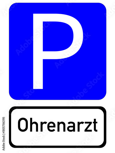 Illustration of a blue parking sign with the inscription "Ohrenarzt"