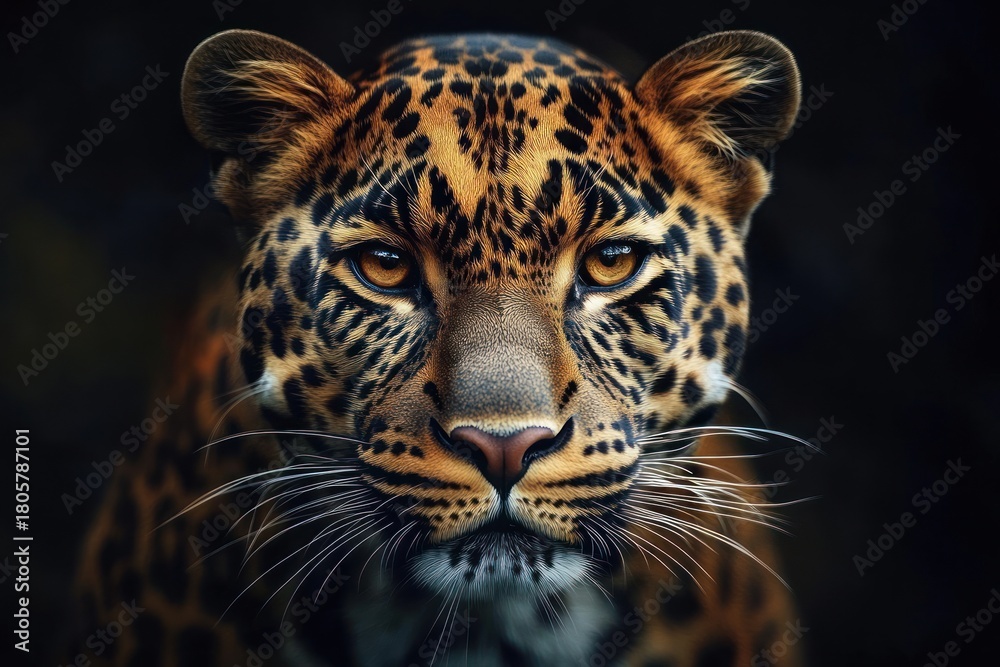 Naklejka premium Close-up portrait of a leopard with intense amber eyes, spotted golden fur, long white whiskers and a calm majestic stare against a dark background