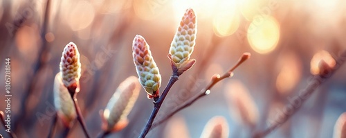 Soft backlit spring buds on slender branches with dewdrops and warm golden bokeh, peaceful early morning awakening