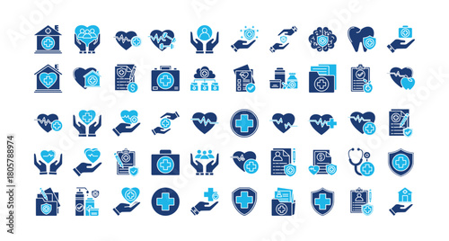 Health care icon set collection. Containing mental, organ, nursing, beat, charity, lab, personal .Solid vector icons collection