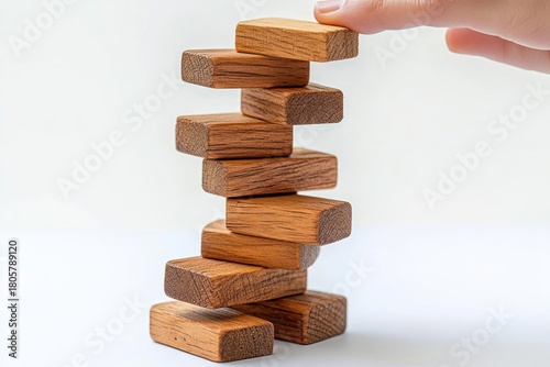 Hand carefully placing a wooden block on a leaning stack of wooden blocks, tension and anticipation in a close-up scene