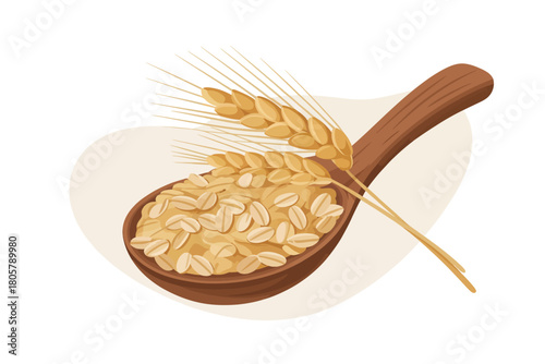 Wooden spoon filled with rolled oats and wheat stalks