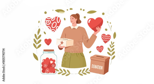 Encouraging generosity, a woman promotes love and charity by collecting donations in a jar and boxes, fostering a culture of care and support
