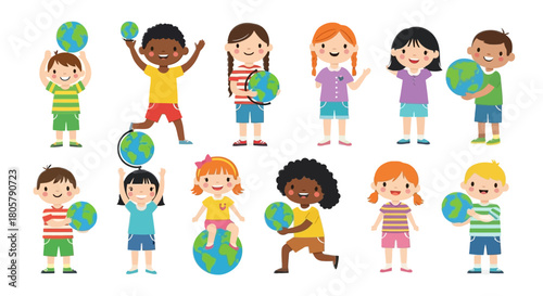 Diverse children joyfully embracing globes, promoting global awareness and education in a vibrant and playful style, perfect for educational materials