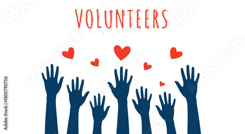 Inspiring volunteers reaching for hearts, perfect for charity campaigns and community outreach, promoting unity and support, inspiring social change with open arms