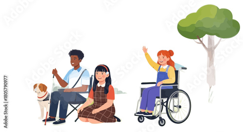 Diverse children enjoying outdoor fun, promoting inclusion and accessibility with a girl in wheelchair and a boy with a visual impairment and his dog