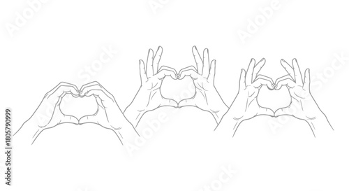 Three sets of hands forming hearts express love and unity in a modern monochrome design, perfect for Valentine's Day greetings or heartfelt messages
