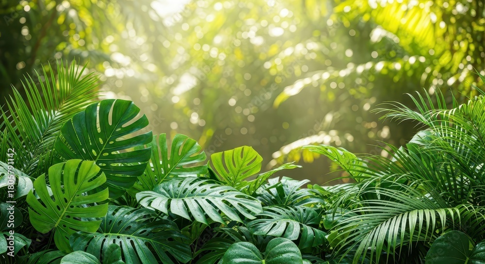Obraz premium Lush green foliage of tropical plants fills the foreground under bright sunlight filtering through the canopy