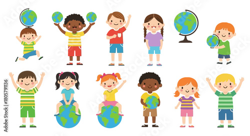 Diverse children embracing global learning and awareness, celebrating cultural diversity, educational resources, and world exploration with cute cheerful characters