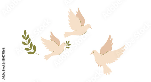 Elegant doves gracefully soaring, carrying olive branches, symbolizing peace, hope, and a fresh start, perfect for uplifting designs and heartfelt messages