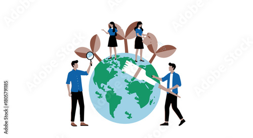 Protecting our earth together, a team of people working together to maintain and clean the earth, promoting sustainability and green initiatives