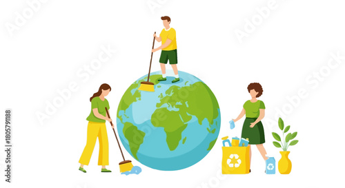 Teamwork cleaning planet Earth, sweeping and recycling for a sustainable future and environmental protection, promoting eco-friendly habits for greener lifestyle