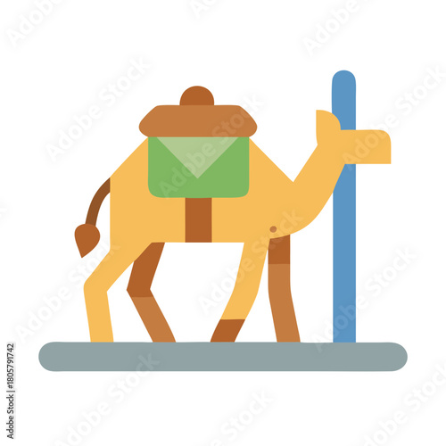 Isolated geometric camel icon with saddle on black background