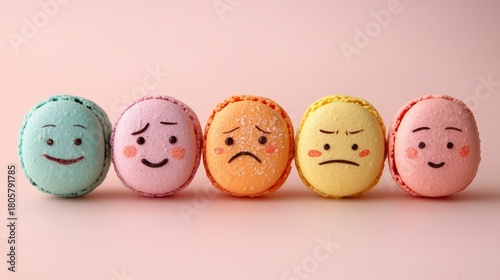 Five pastel macarons with expressive faces showing happy, shy, sad, angry and content emotions on a soft pink background