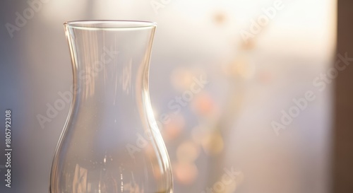 Clear, curved glass vessel sits against a softly illuminated, indistinct background.