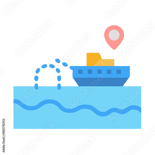Flat design boat with water and location pointer icon