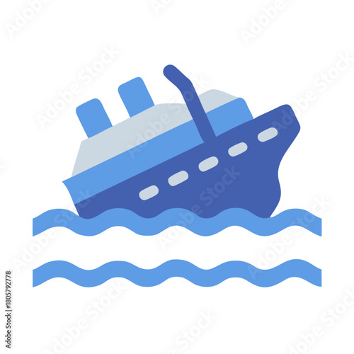 Leaning cruise ship illustration in sea, isolated on black