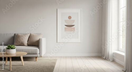 Fototapeta Naklejka Na Ścianę i Meble -  home interior with sofa and wall art. 3d render lifestyle mock-up.