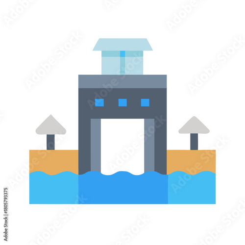 Geometric Water Dam Illustration with Beachside Structures
