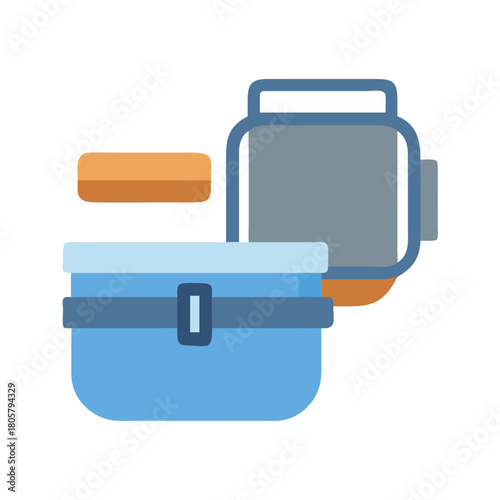 Stylized vector graphic of a blue lunch box set