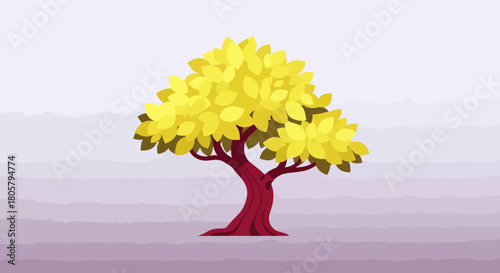Vibrant Yellow-Leafed Tree with Red Trunk Standing Alone.
