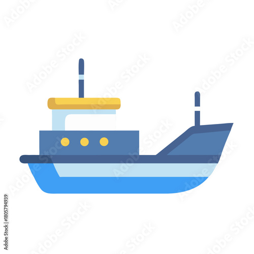 Flat vector illustration of fishing trawler on black background