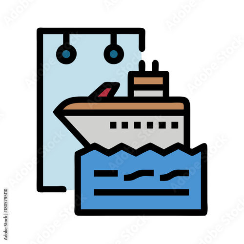 Stylized cruise ship sailing on the ocean with a dock