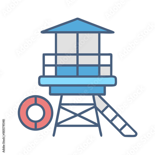 Lifeguard tower illustration in flat style with safety ring