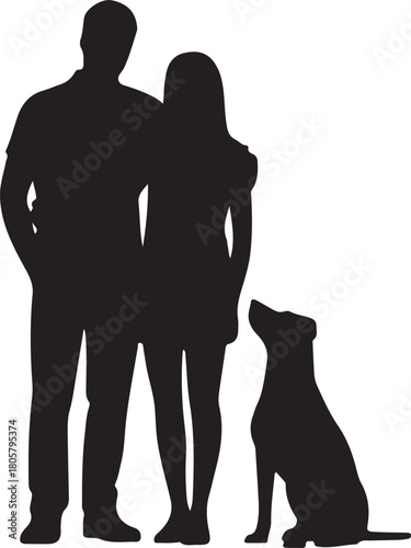 Couple With Dog Silhouette | Valentine Pet Love Illustration