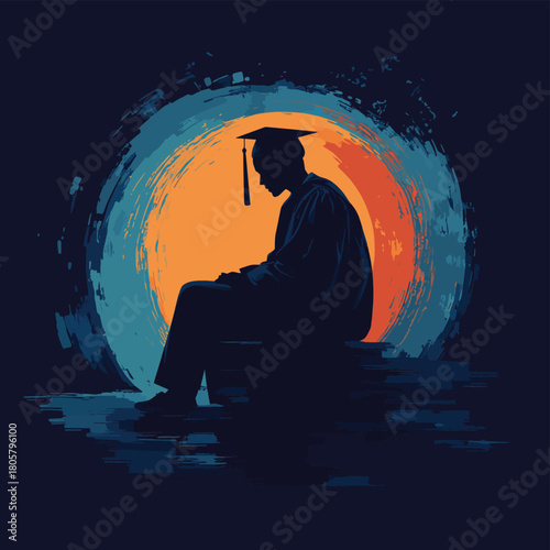 mental state concept, life stage, mix emotion of a lonely silhouette new graduate facing an uncertain future, vector   , vector style simple color