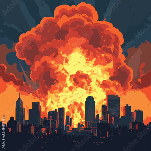 chaos concept, burning city with fire flame smoke, represent violence protest recession inflating, vector    , vector style simple color