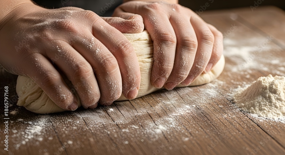 Fototapeta premium Close-up of hands kneading dough on a floured wooden surface