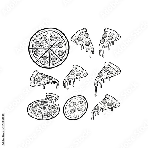 Black and white illustration of various pizza slices and whole pizzas, showing pepperoni and cheese.