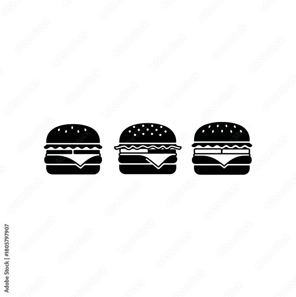 Fototapeta premium A set of three simple black and white hamburger icons, isolated on a white background.