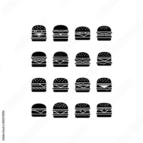 A collection of sixteen different burger icons, each with unique fillings and bun styles, arranged in a grid pattern.