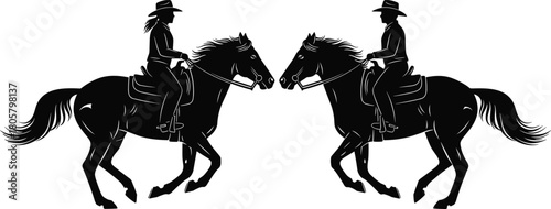 Cowboy and cowgirl riding horses silhouette vector illustration, western couple on horseback facing each other, black isolated equine design element, ranch lifestyle symbol.