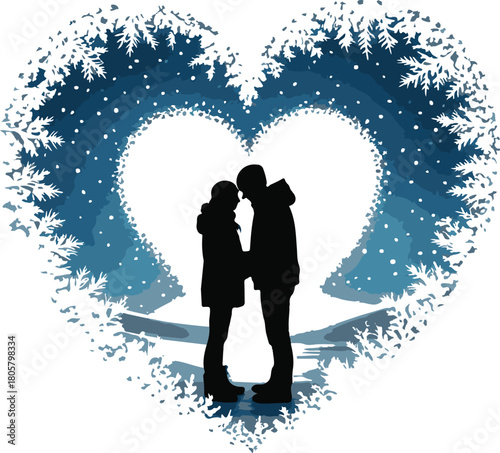 Snow Heart Couple Silhouette | Valentine Winter Romance
