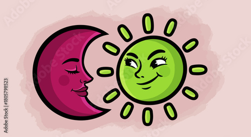Playful green sun character looking at a sleeping pink crescent moon.